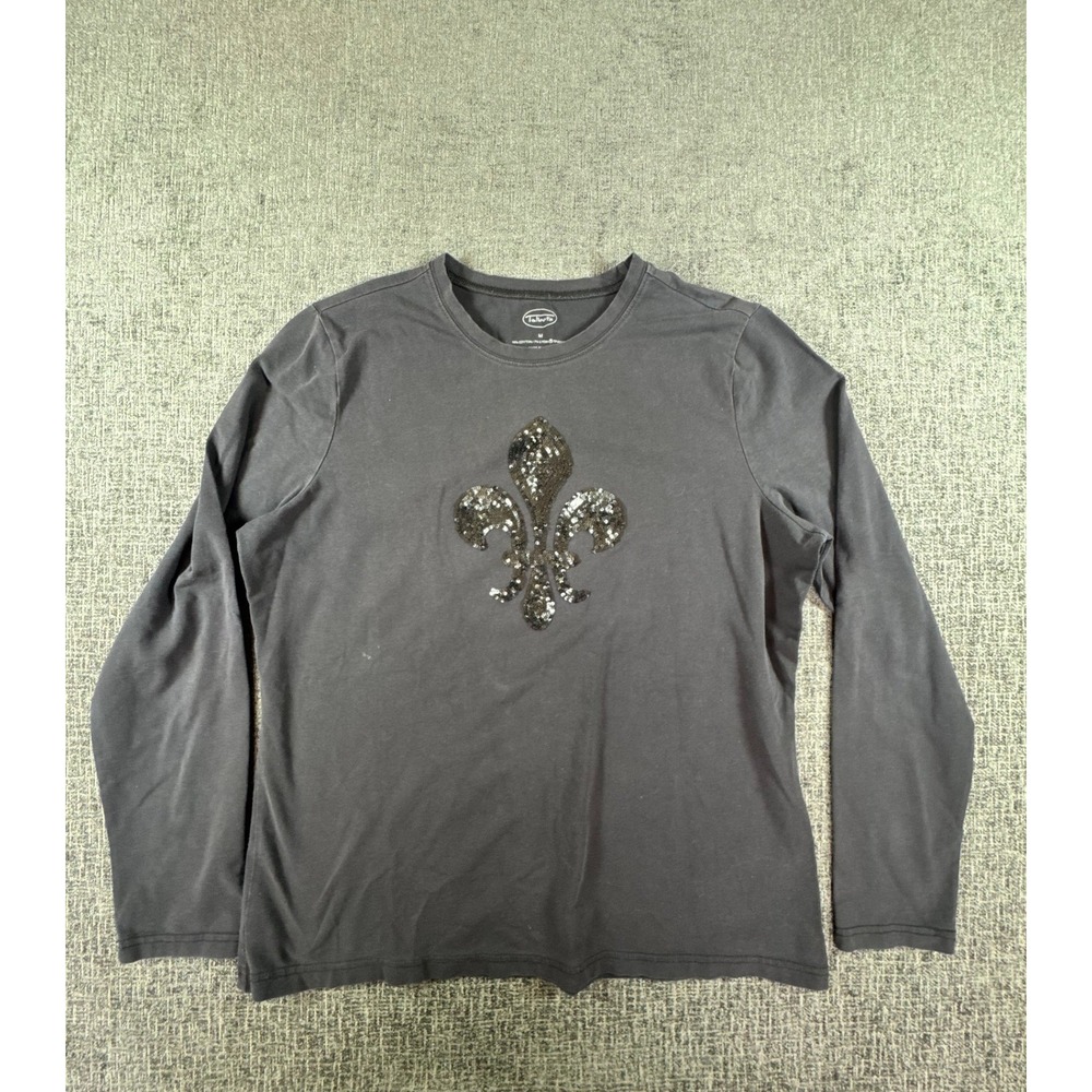 Talbots‎ Womens Charcoal Grey Sequin Fleur-de-lis Long Sleeve Tee M Cotton Lycra